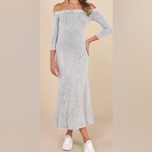 Lulus Stonewashed Light Grey Ribbed Off-the-Shoulder Midi Dress - Size XL